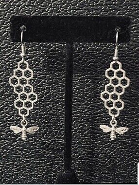 Honeycomb & Bee Drop Earrings - Silver Tone
